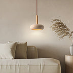 Japansk Pendellampe i Gul Travertin med Trædetalje og Integreret LED