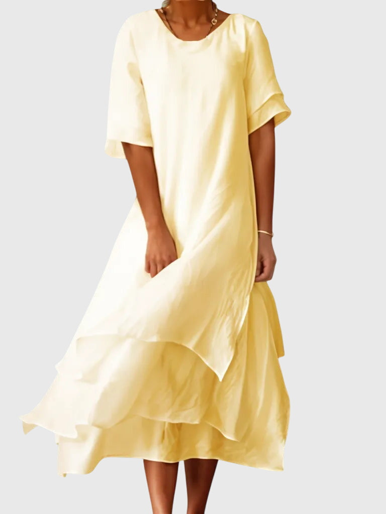 Loose layered dress for summer and vacation – Midi dress with short sleeves for women