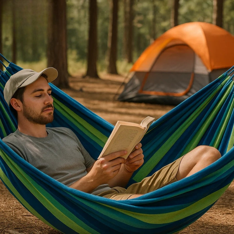 Comfortable Outdoor Relaxation for Garden and Camping – Striped Hammock with Foldable Frame