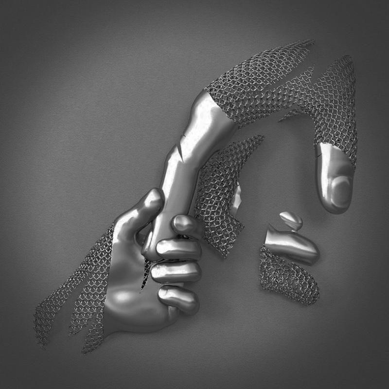 Wall decoration with metal figure and canvas for indoor use