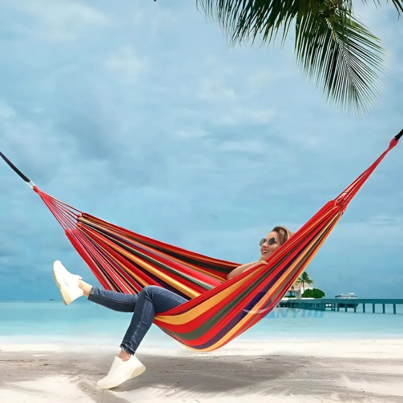 Comfortable Outdoor Relaxation for Garden and Camping – Striped Hammock with Foldable Frame