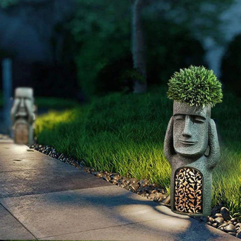Decorative Planter with Solar Lighting for Garden Spaces – Abstract Face Planter with LED Light