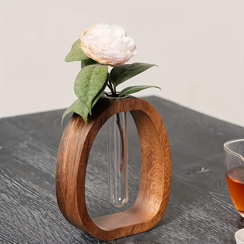 Plant vase with glass tube and wooden frame for indoor use