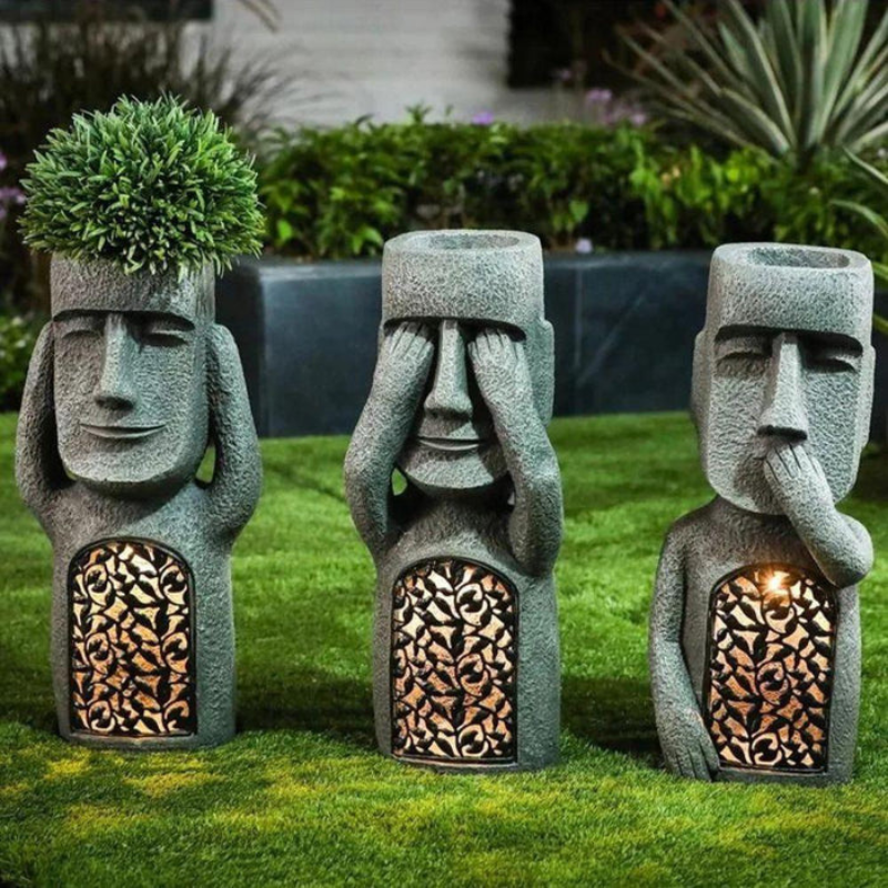 Decorative Planter with Solar Lighting for Garden Spaces – Abstract Face Planter with LED Light