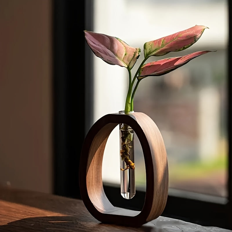 Plant vase with glass tube and wooden frame for indoor use