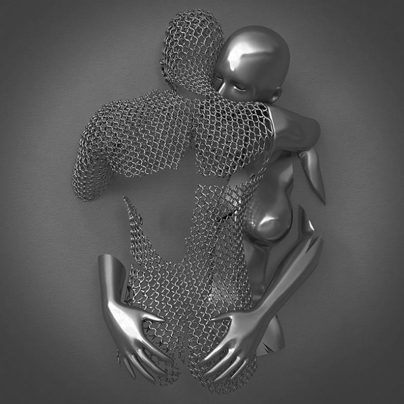 Wall decoration with metal figure and canvas for indoor use