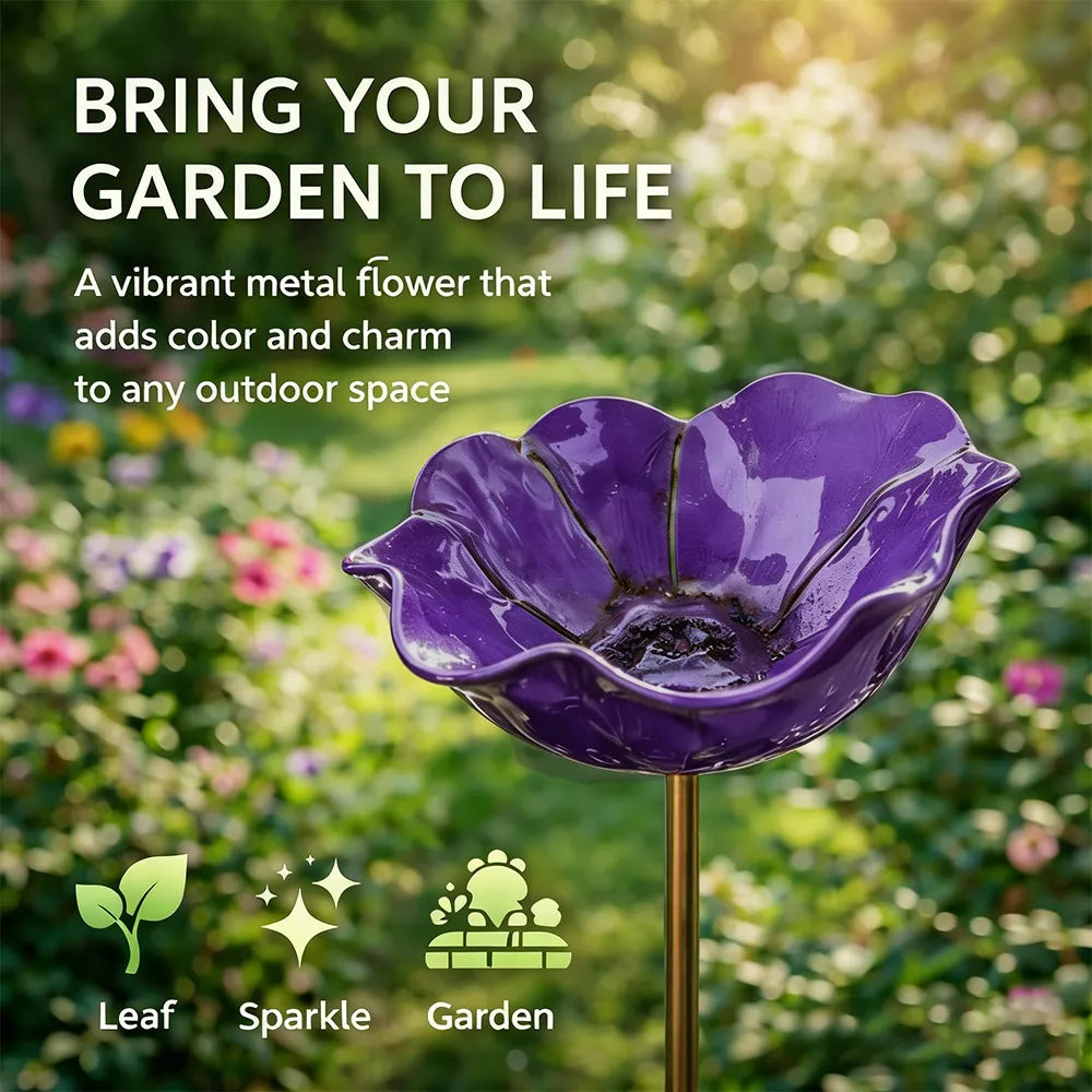 Decorative Bird Bath for Garden Spaces – Metal Flower Stake with Bird Bath