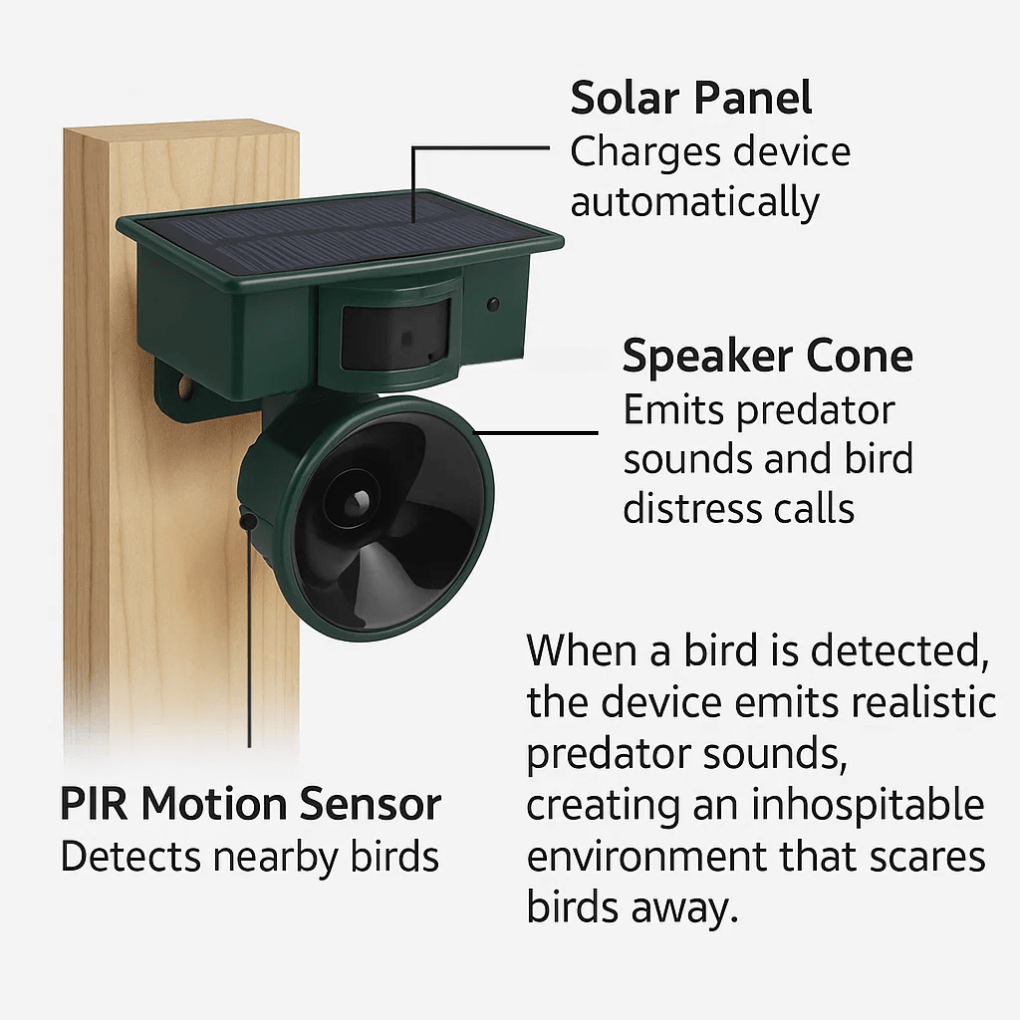 Solar Bird Protection for Garden Areas – Bird Repellent Device with Motion Sensor and Sound Deterrent