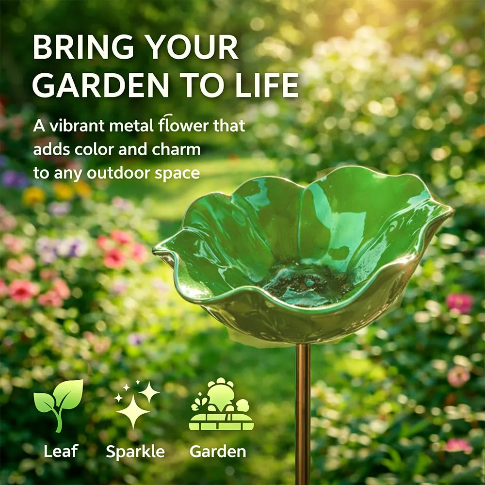 Decorative Bird Bath for Garden Spaces – Metal Flower Stake with Bird Bath