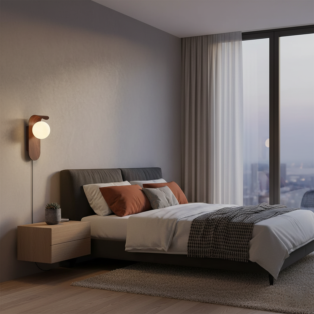 Væglampe i træ med glaskugle til indendørs brug