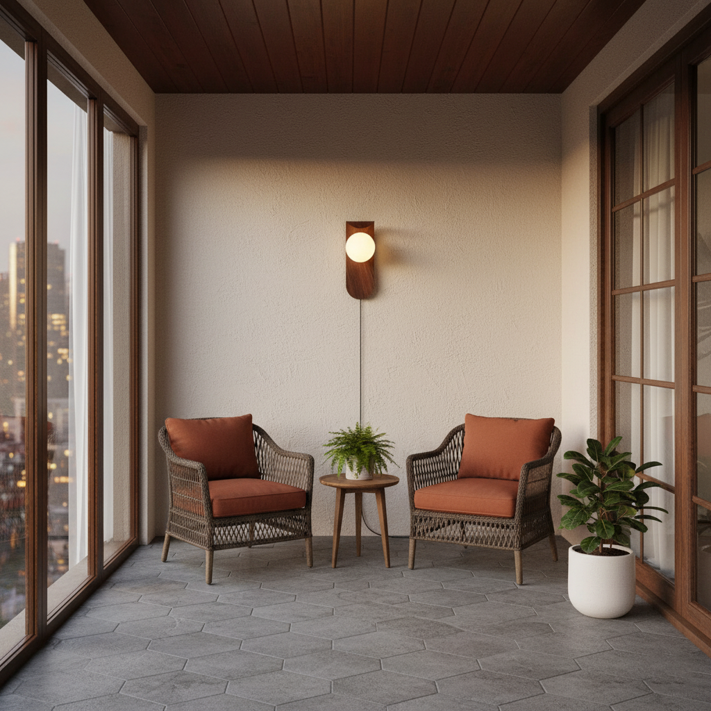 Væglampe i træ med glaskugle til indendørs brug