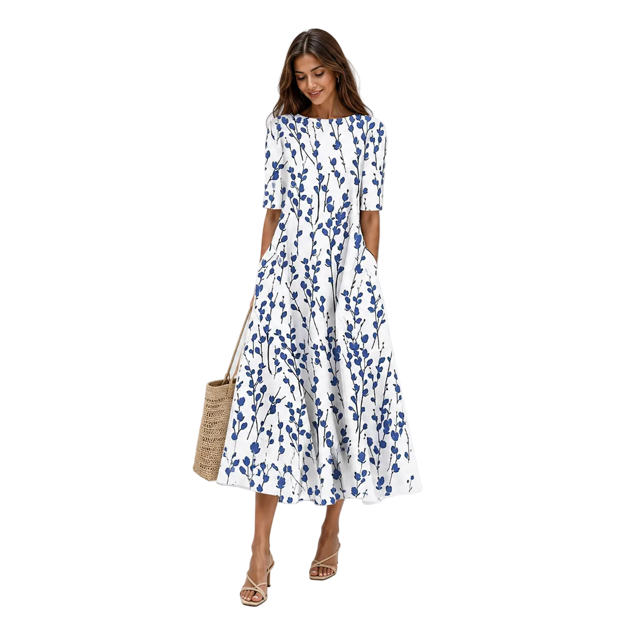 Patterned midi dress for everyday wear and summer – Dress with pockets for women