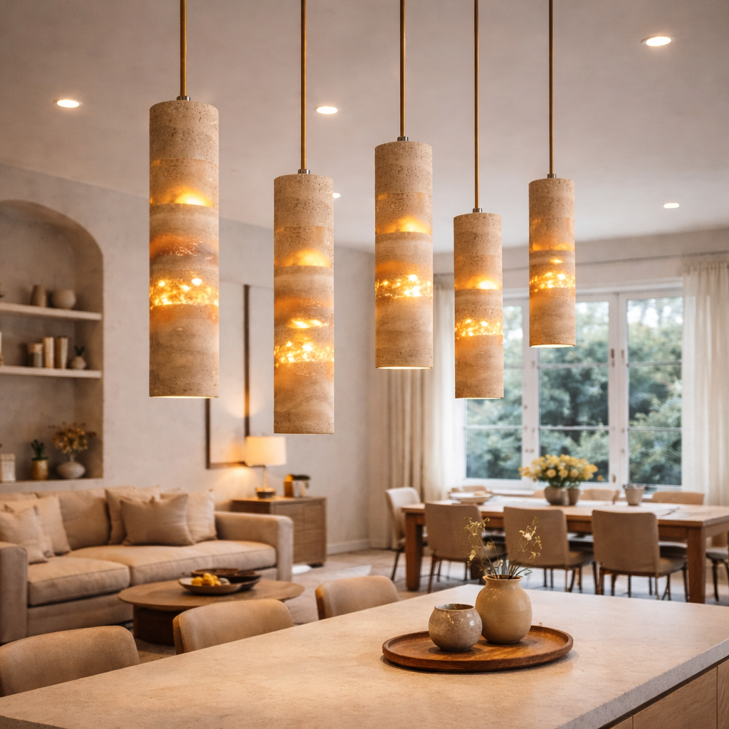 Cylindrisk Pendellampe i Natursten til Indendørs Brug