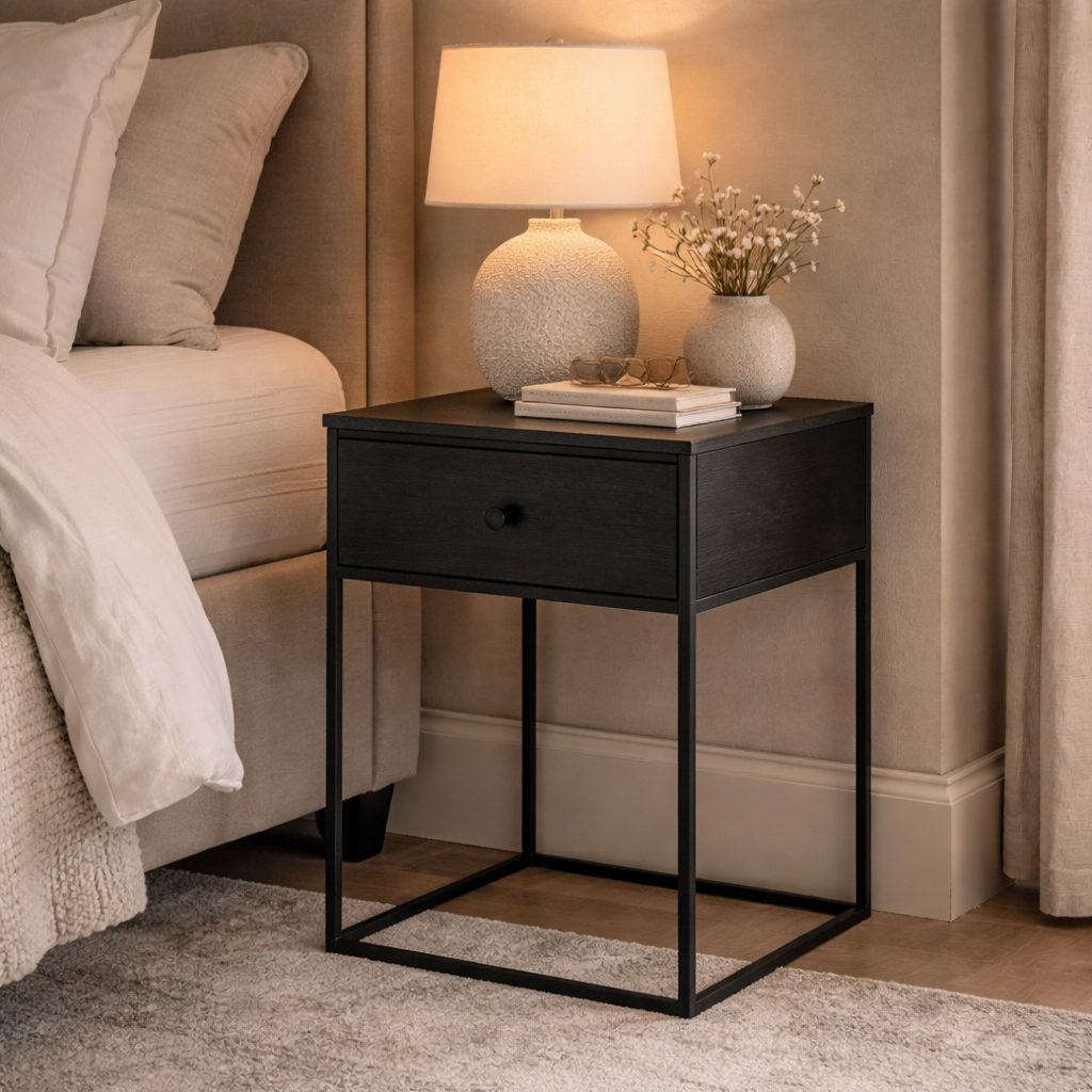 Practical storage for living room and bedroom – Black side table with drawer and metal frame