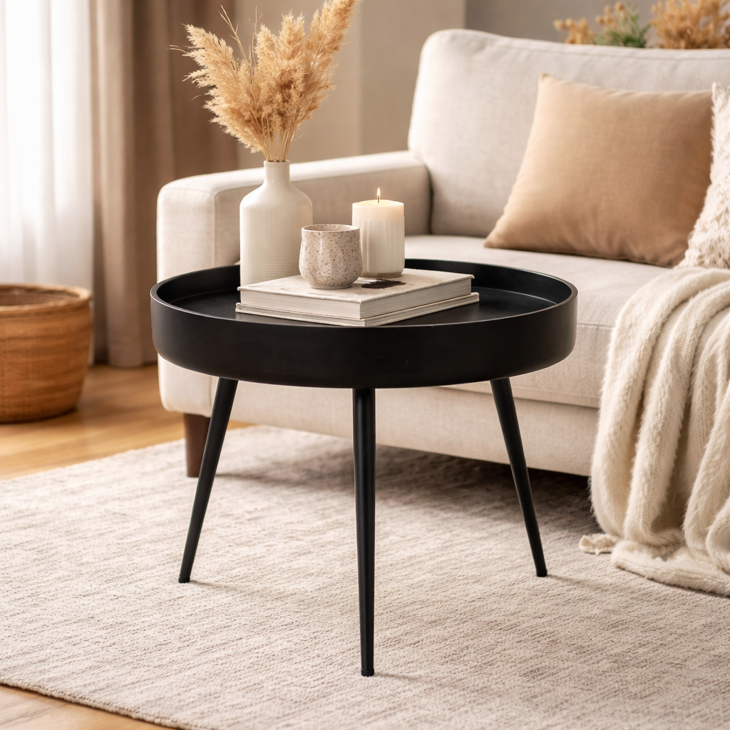 Robust side table for living room and bedroom – Black table in mango wood and metal
