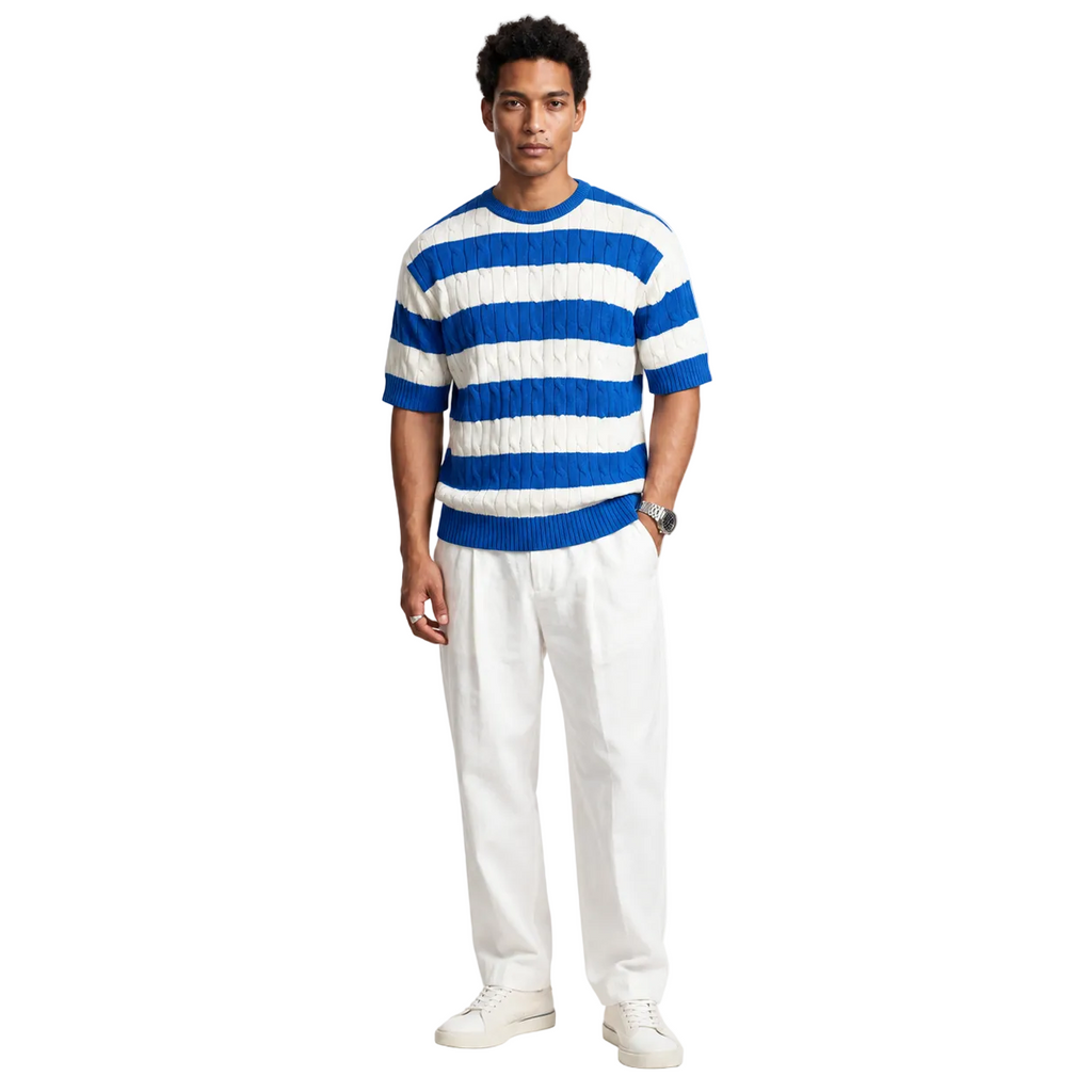 Striped sweater for everyday use – Short-sleeved cable knit sweater for men
