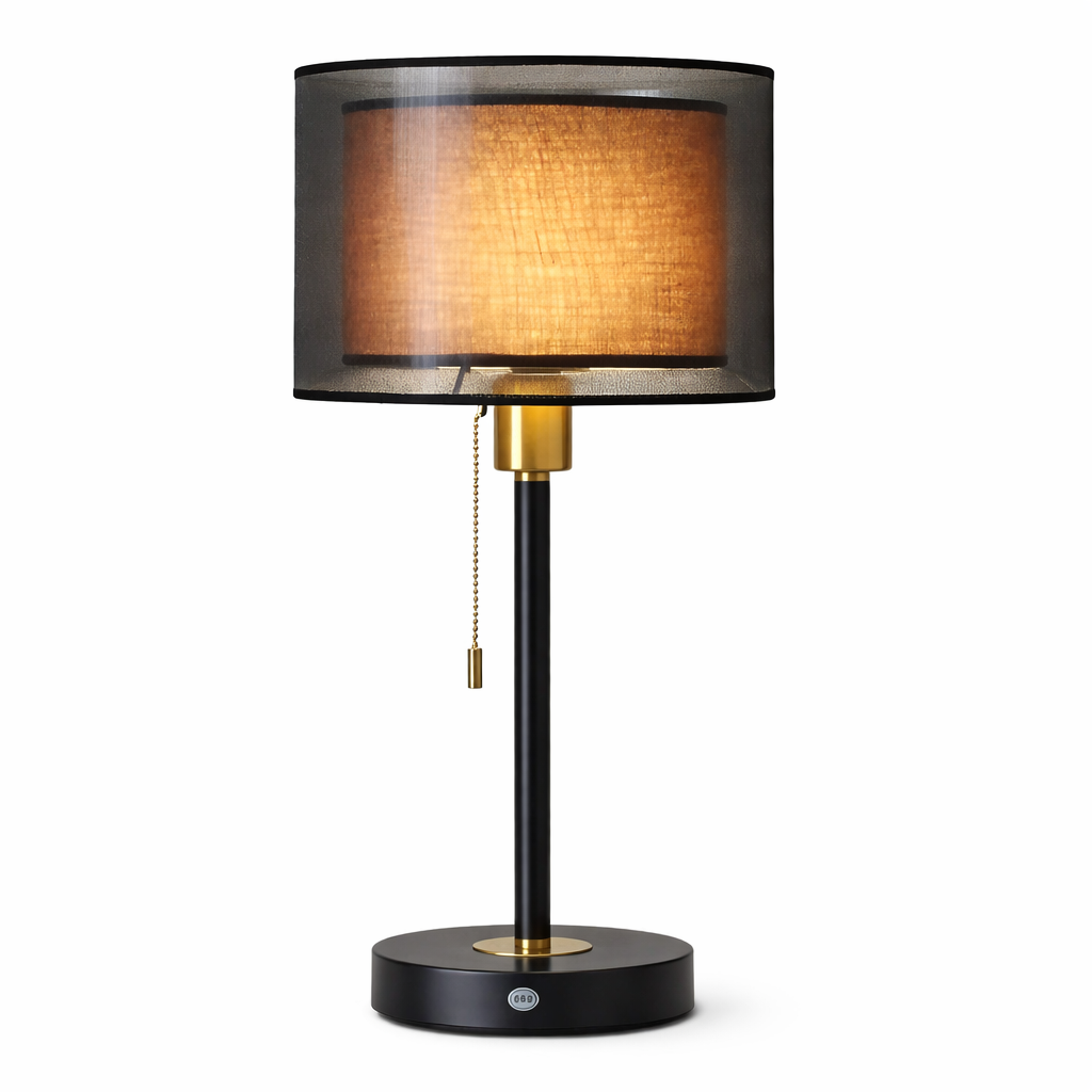 Bordlampe med dobbelt lampeskærm i stof til indendørs brug