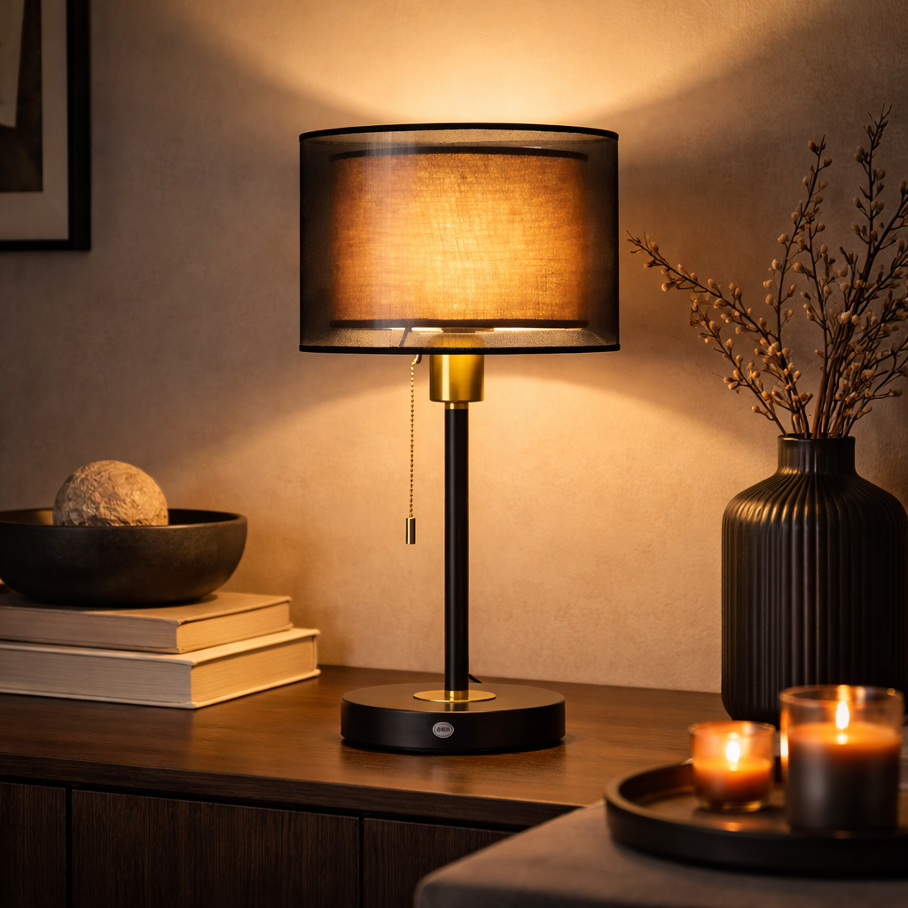 Bordlampe med dobbelt lampeskærm i stof til indendørs brug