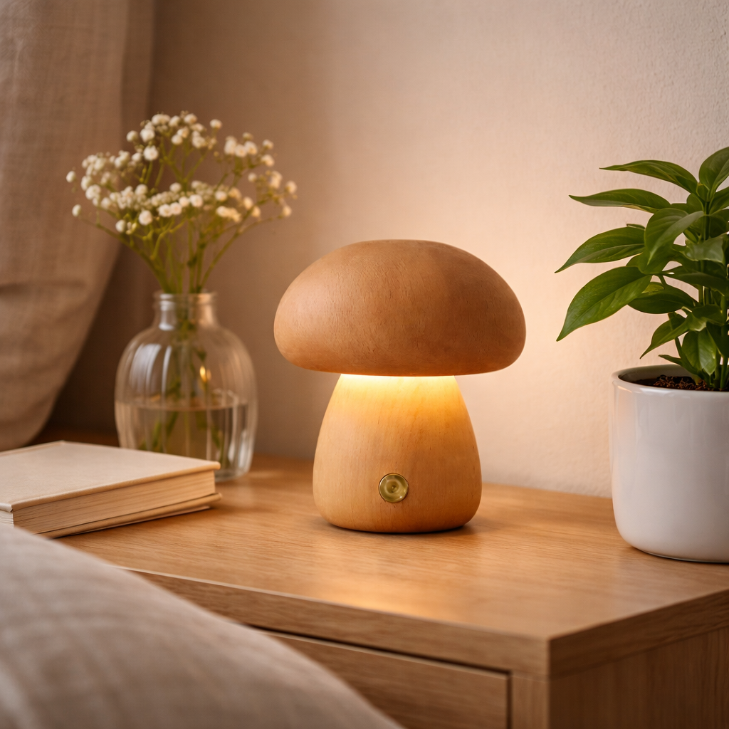 Opladelig bordlampe i træ til indendørs brug