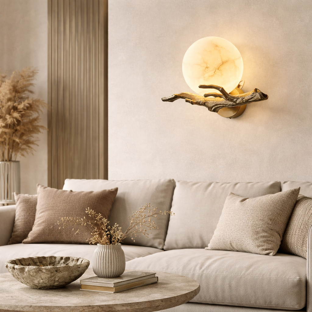 Væglampe med kugle i marmorlook til indendørs brug