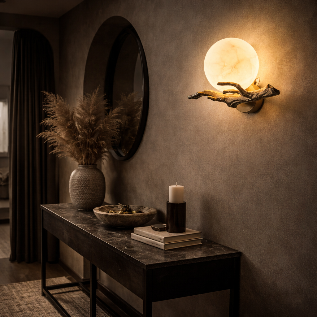 Væglampe med kugle i marmorlook til indendørs brug