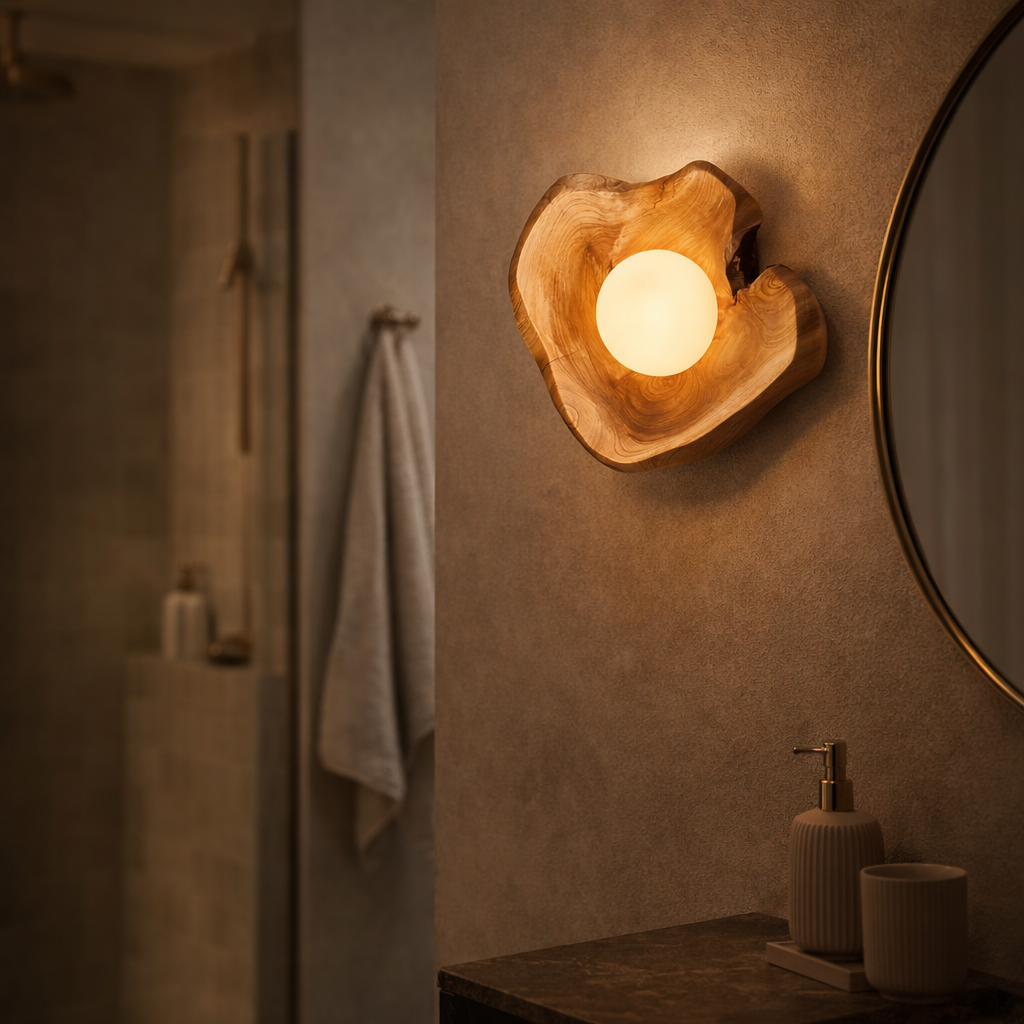 Væglampe i træ med rund lyskilde