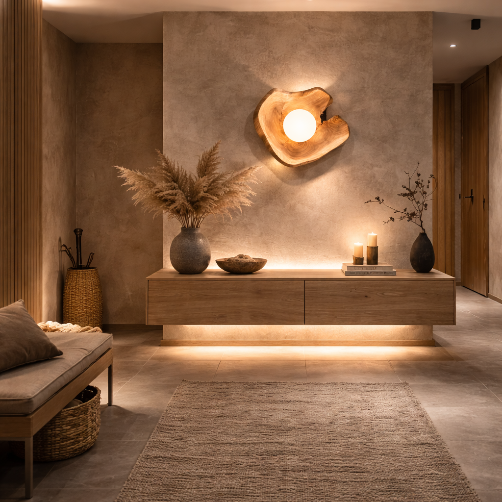 Væglampe i træ med rund lyskilde