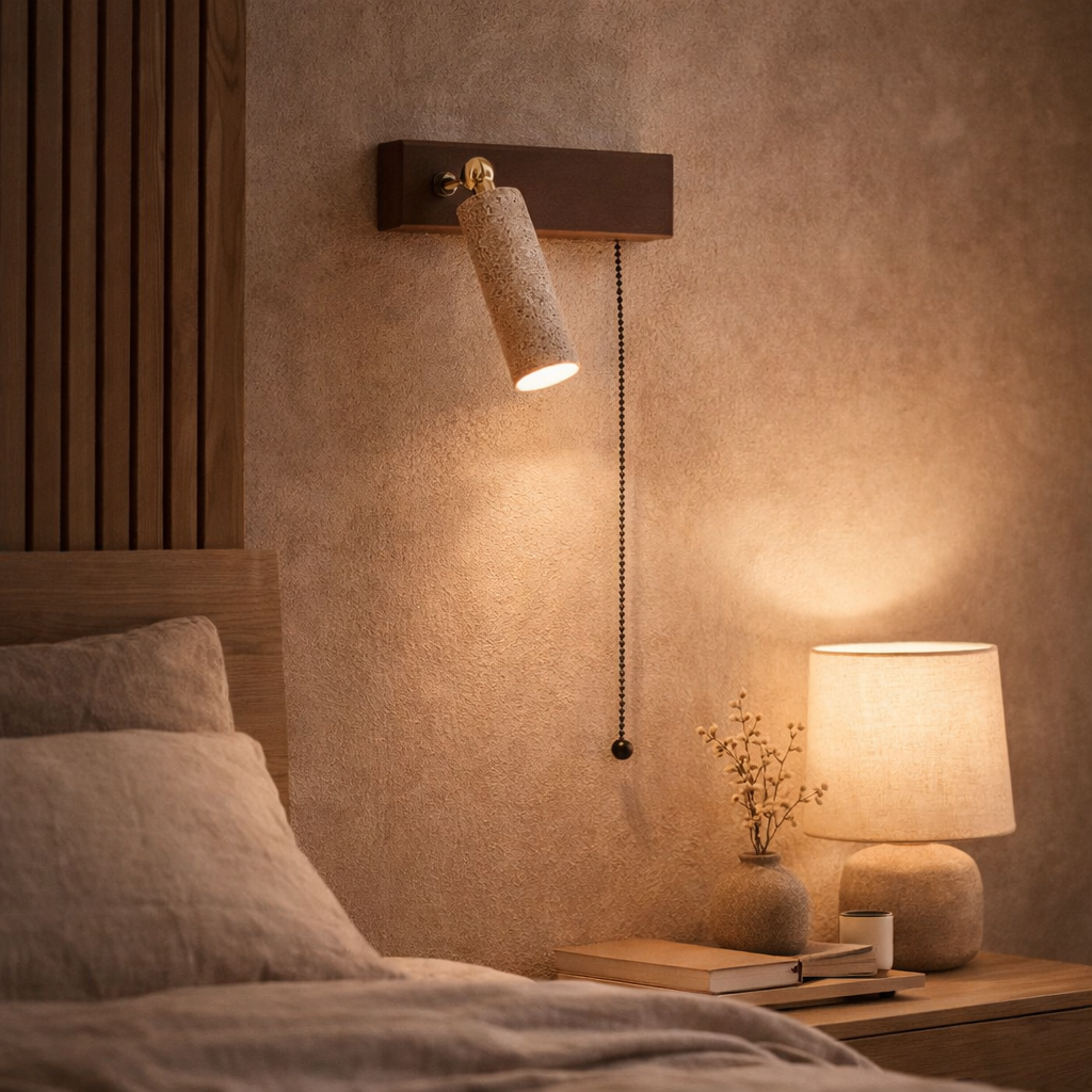 Væglampe i natursten med træbase og træksnor til indendørs brug