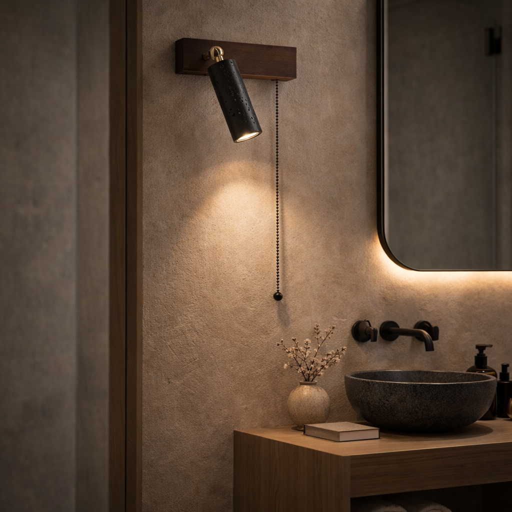 Væglampe i natursten med træbase og træksnor til indendørs brug