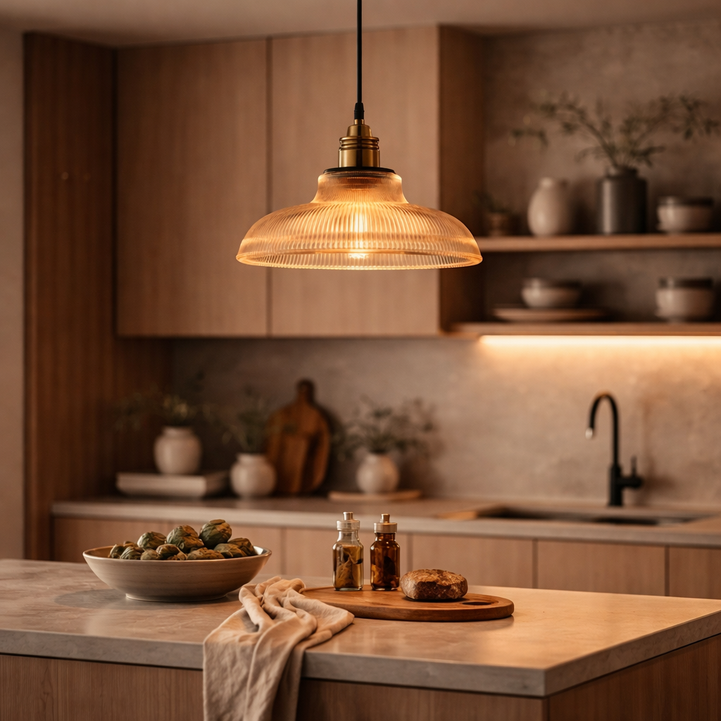 Pendellampe i riflet glas med bred skærm til indendørs brug