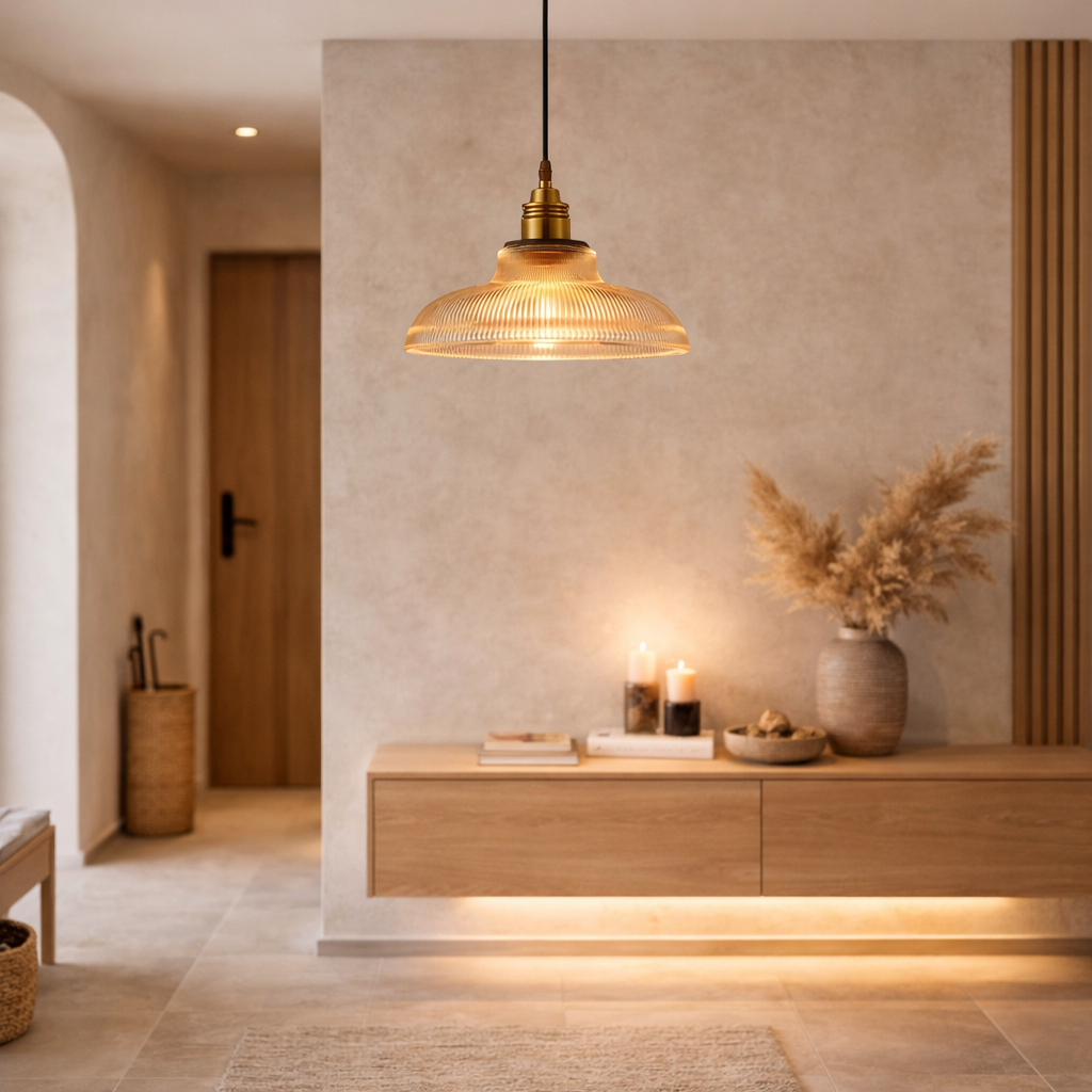 Pendellampe i riflet glas med bred skærm til indendørs brug