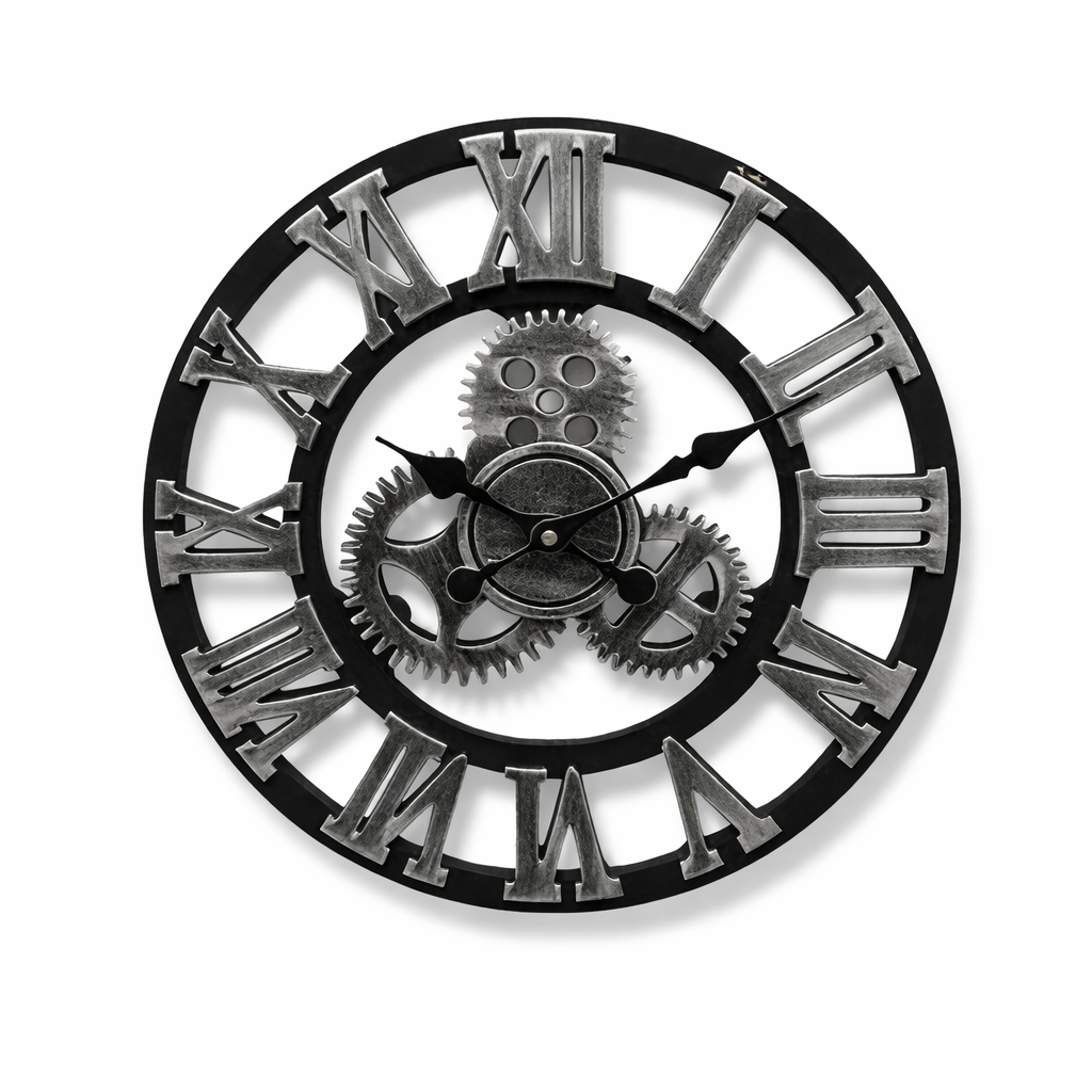 Wall clock with visible gears in metal