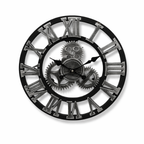 Wall clock with visible gears in metal