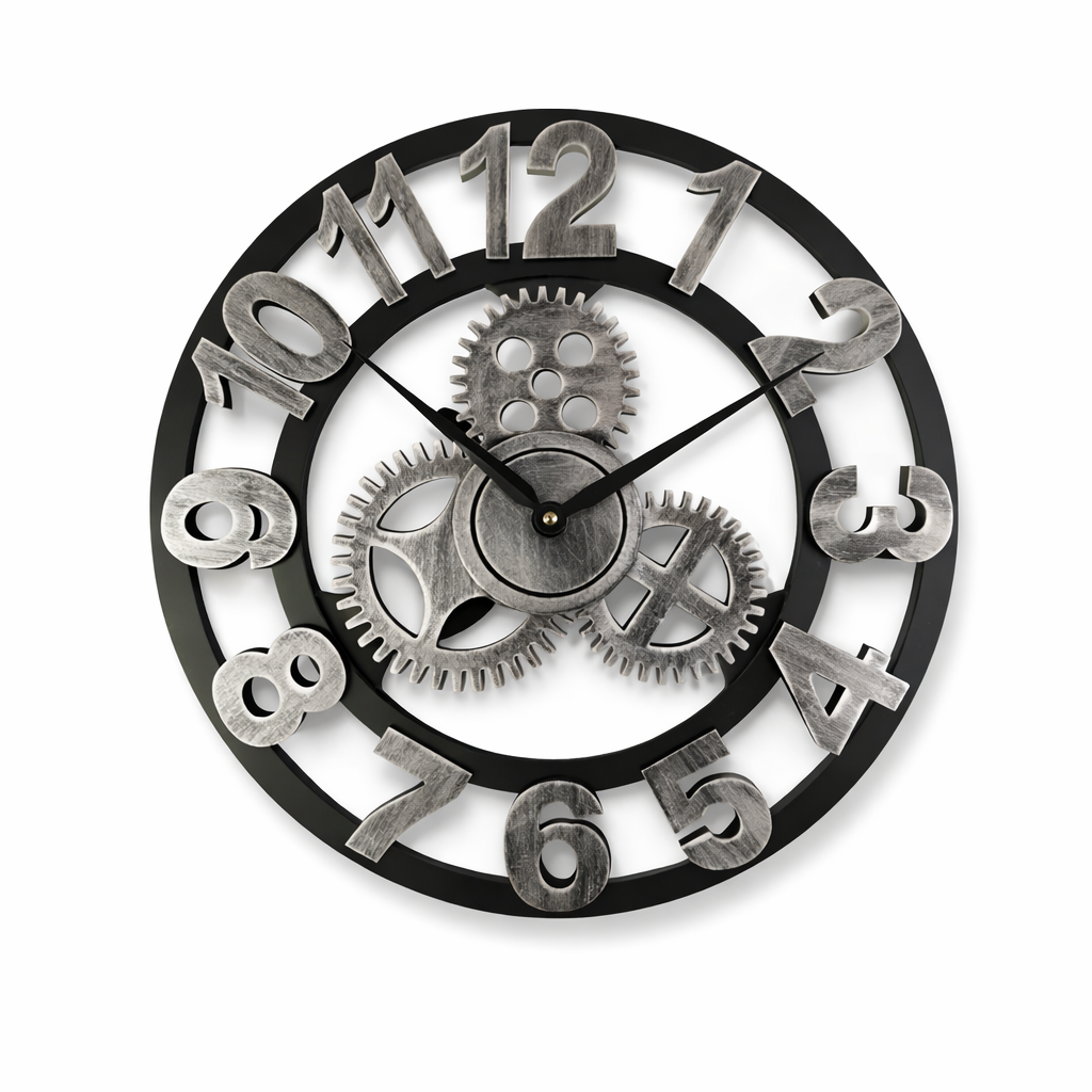 Wall clock with visible gears in metal