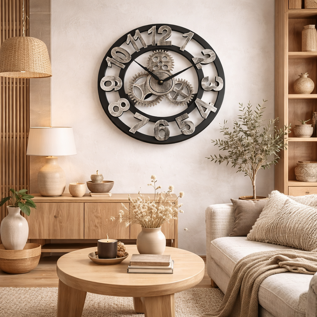 Vægur med synlige tandhjul i metal