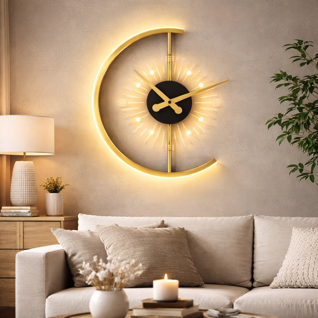 Guldfarvet vægur med lys til indendørs brug