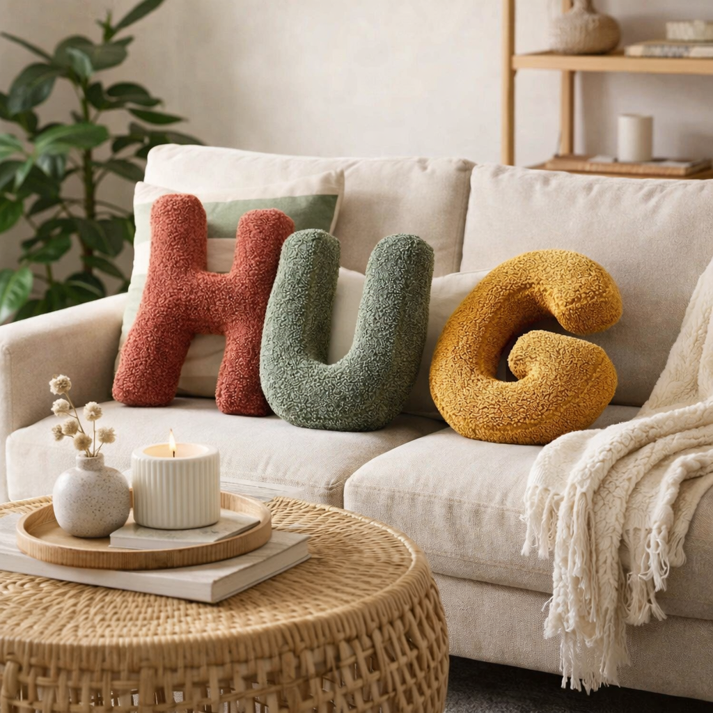 Pyntepude i fløjl formet som bogstav A–Z