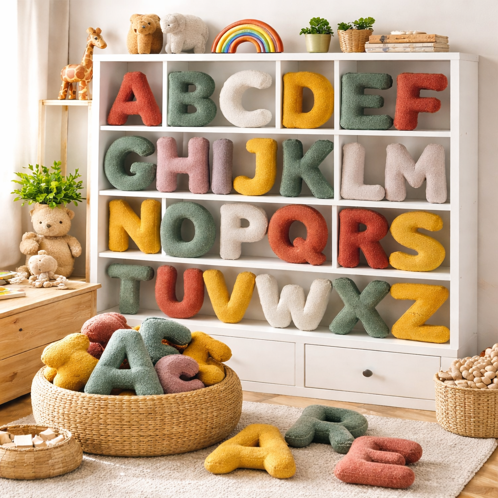 Pyntepude i fløjl formet som bogstav A–Z