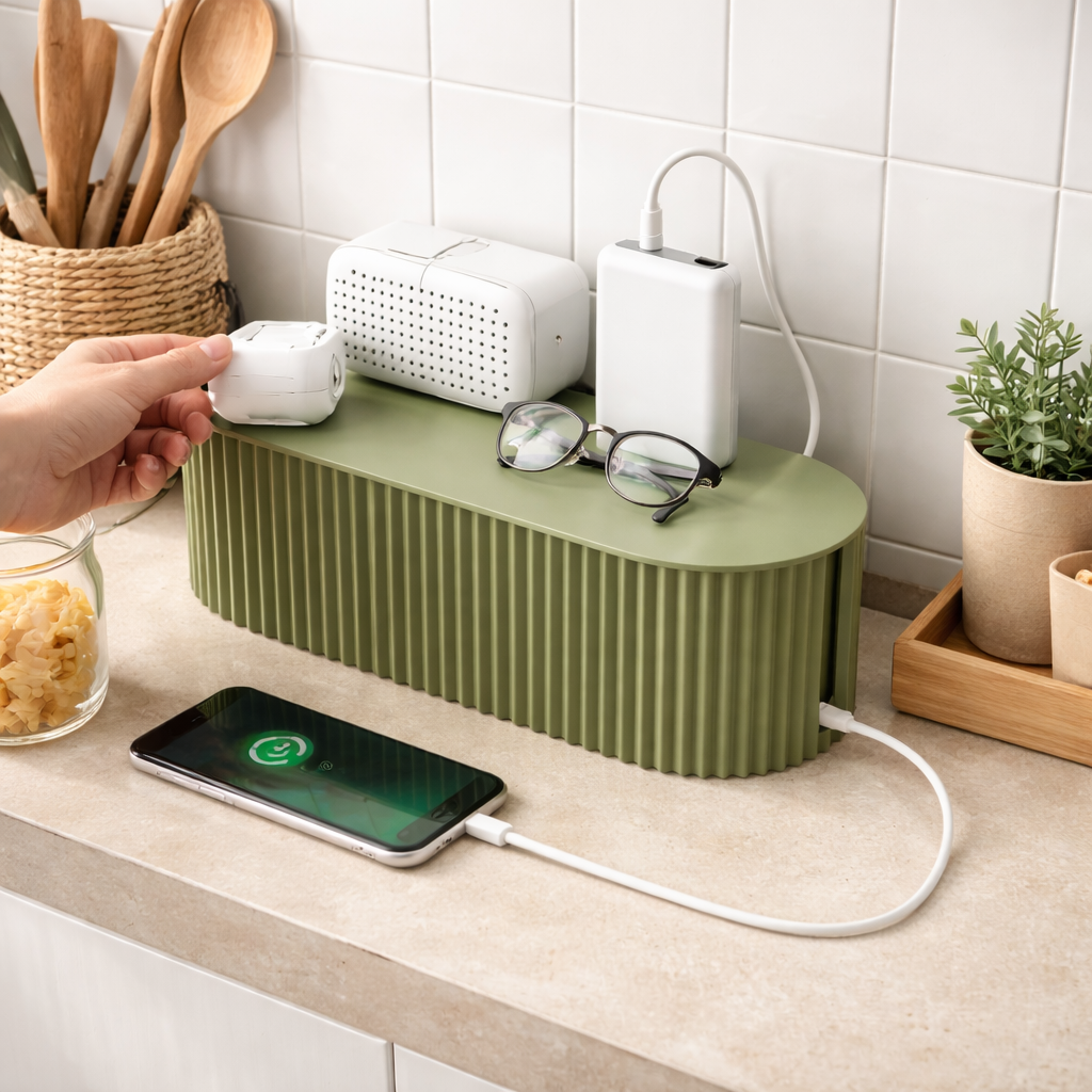 Kabelboks til stikdåse og opladere med låg