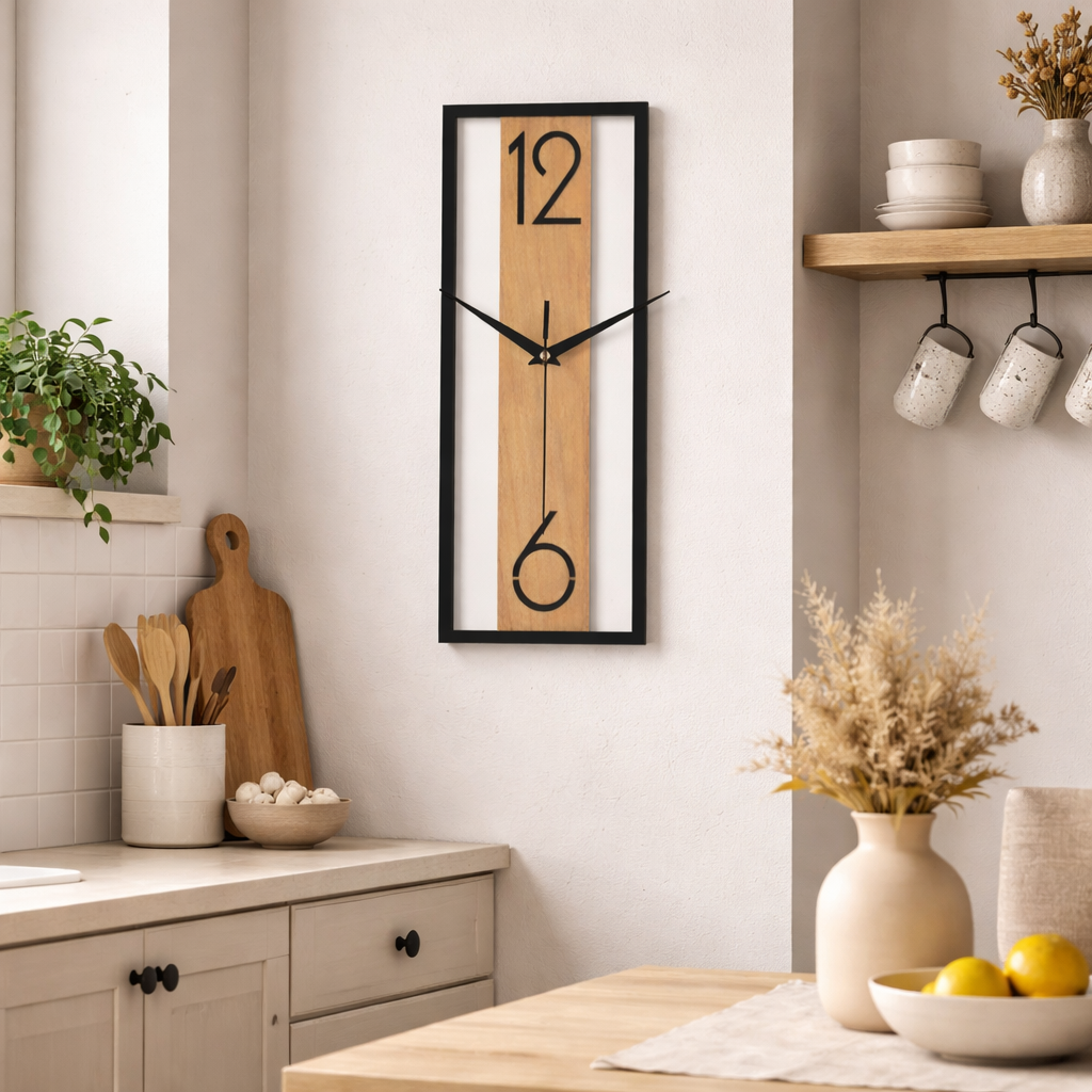 Rektangulært vægur med træstruktur til indendørs brug