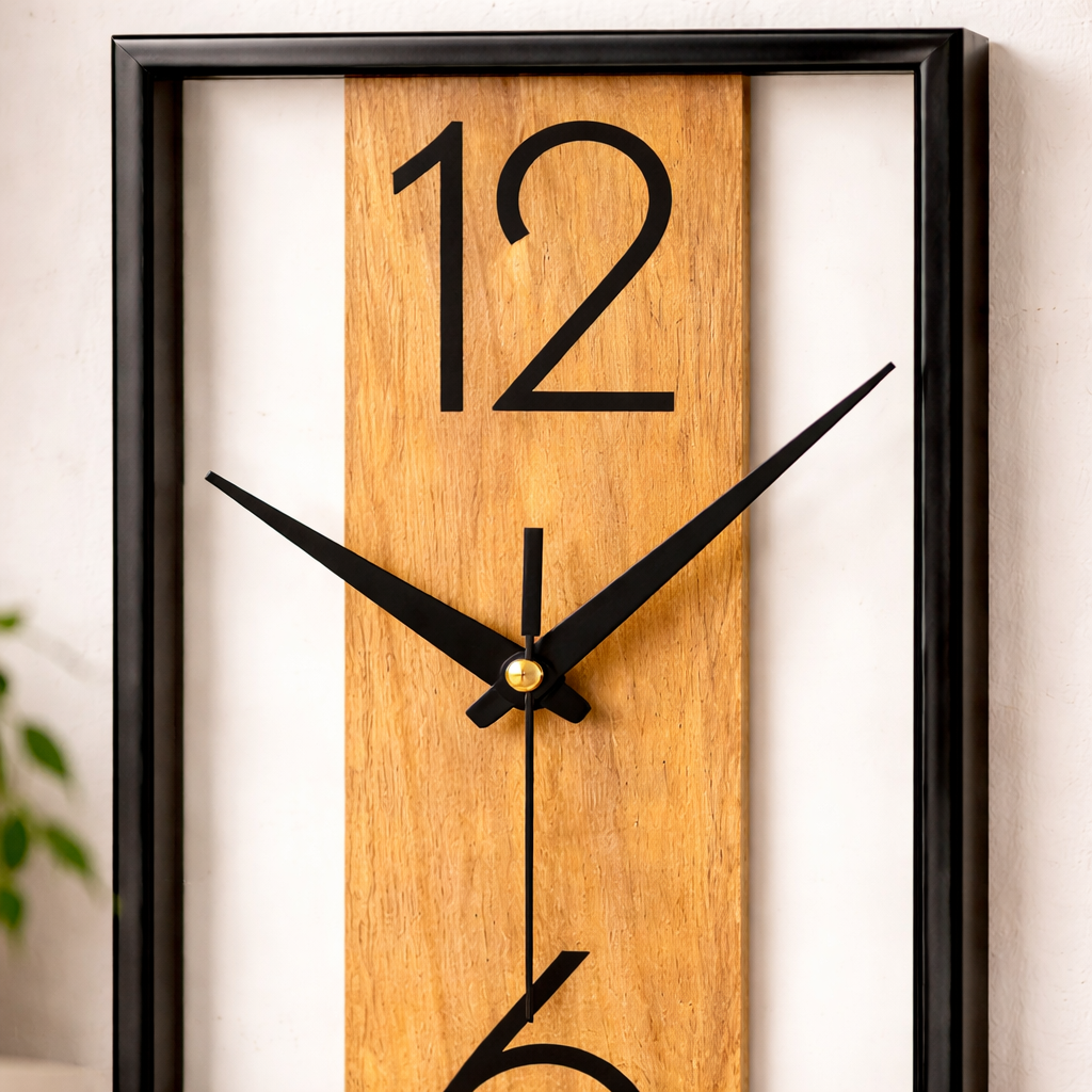 Rektangulært vægur med træstruktur til indendørs brug