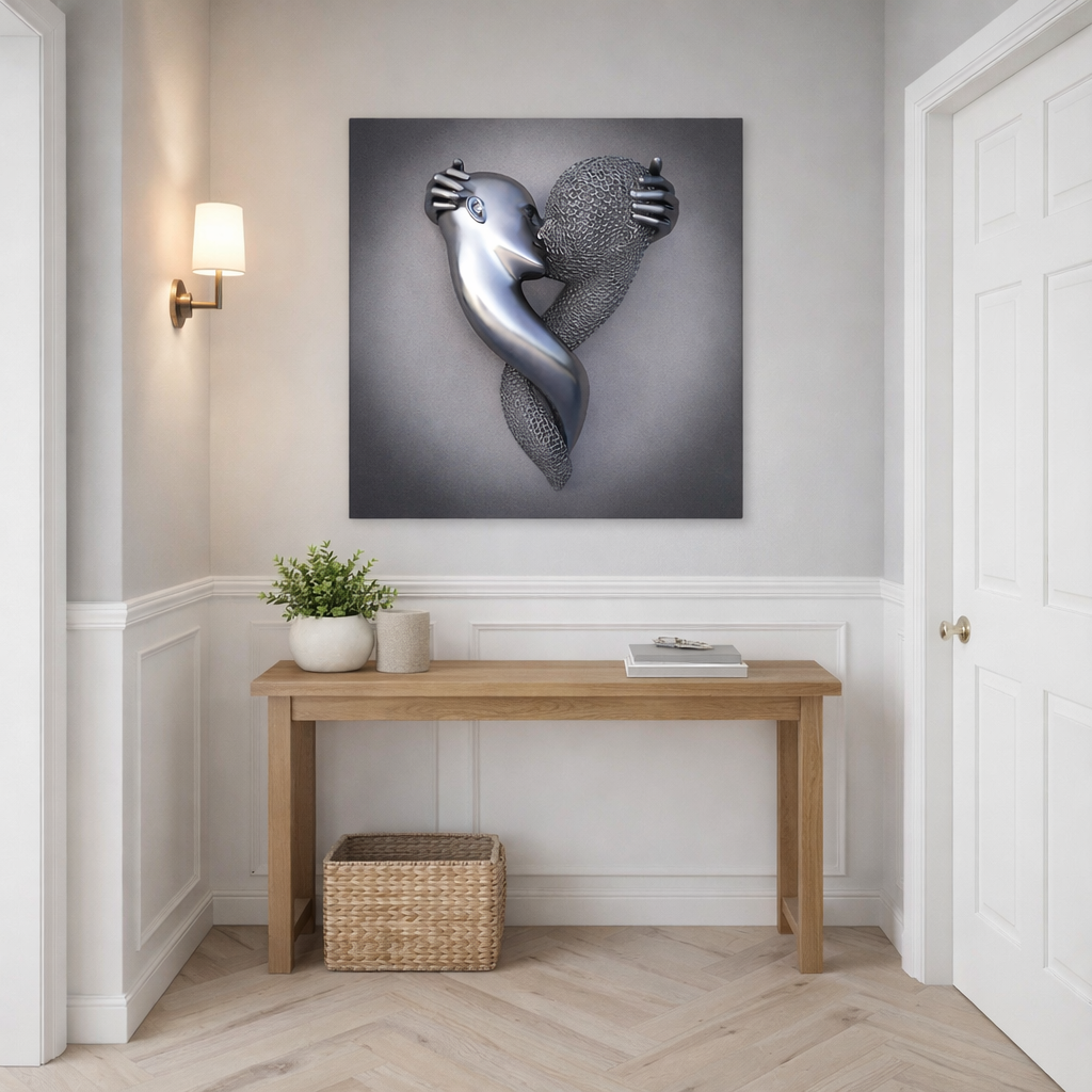 Vægdekoration med metalfigur og lærred til indendørs brug