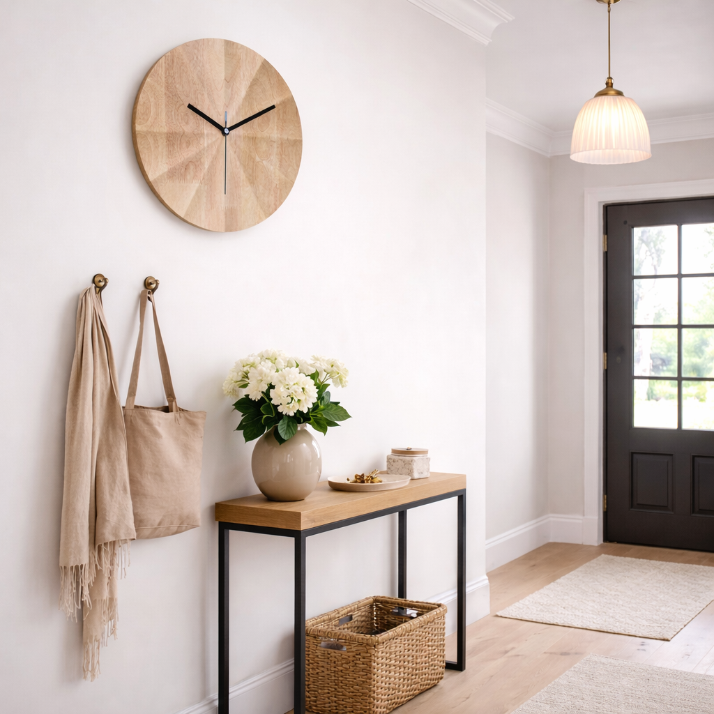 Rundt vægur i træ til indendørs brug