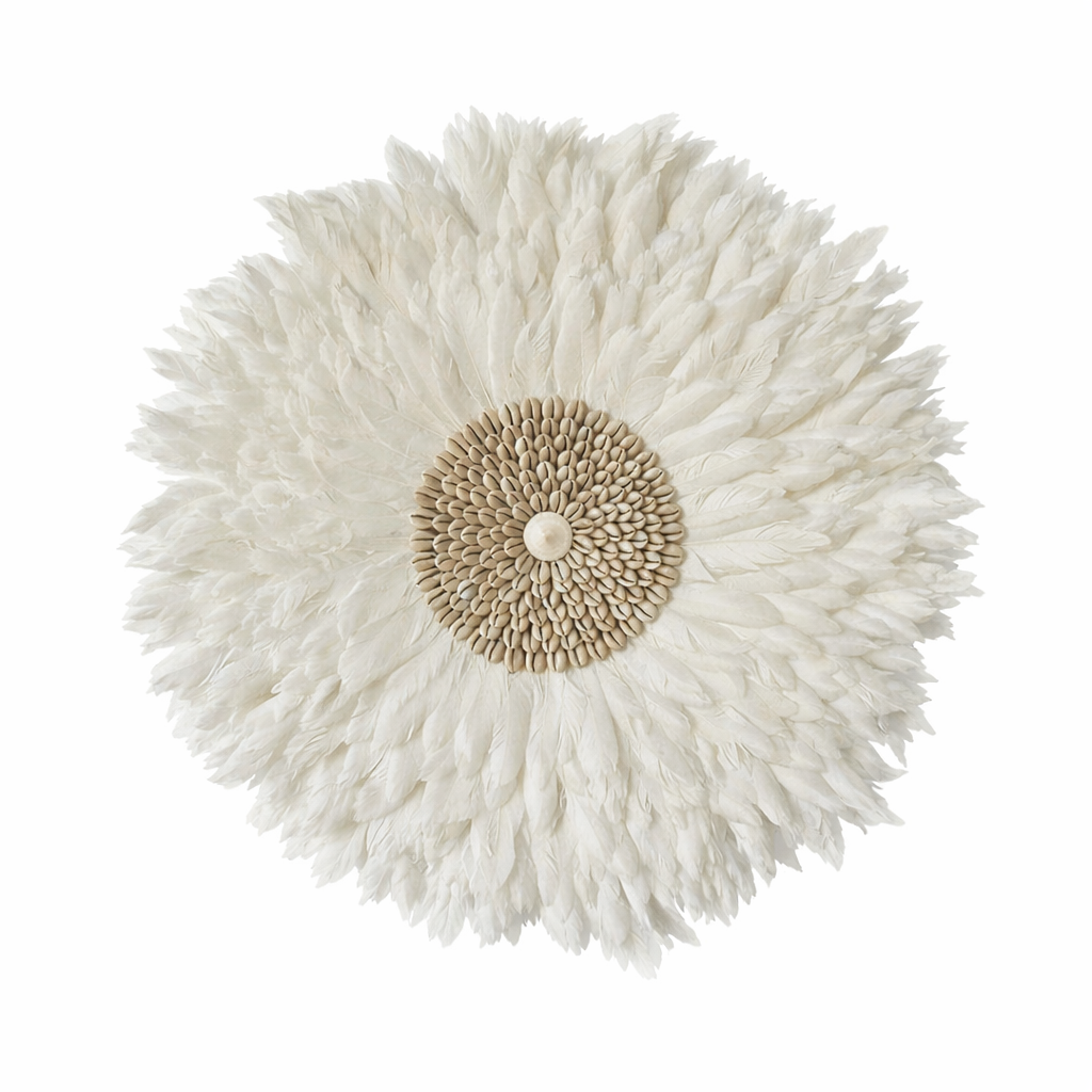 Decorative wall decoration with white feathers