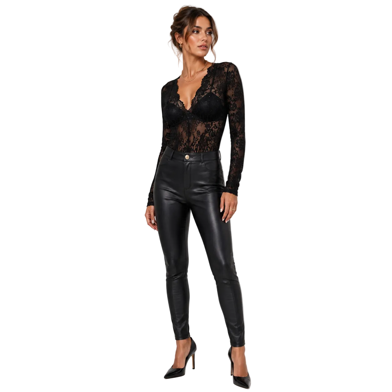 Elegant lace top for parties and evenings – Long-sleeved bodysuit for women