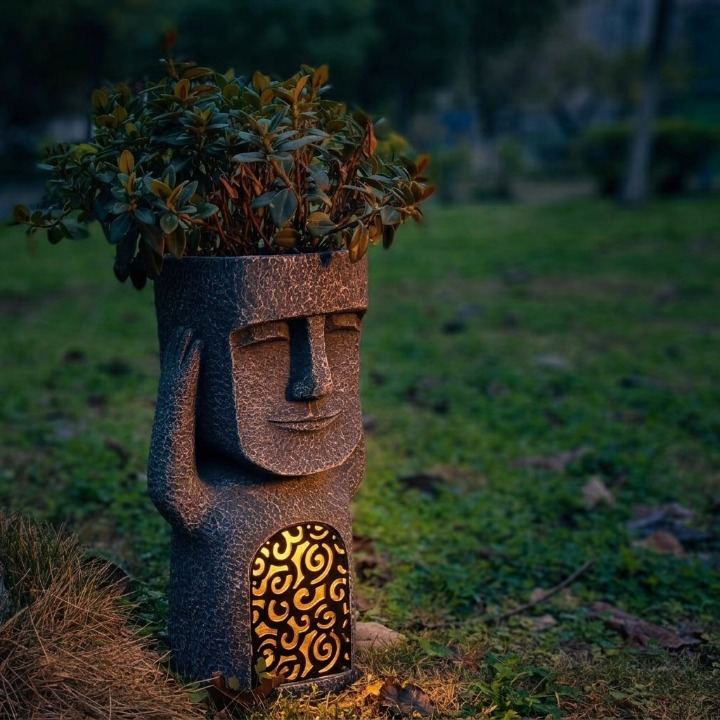 Decorative Planter with Solar Lighting for Garden Spaces – Abstract Face Planter with LED Light
