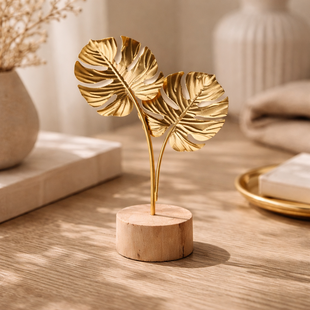 Sculpture with leaf motif in metal on wooden base for indoor use
