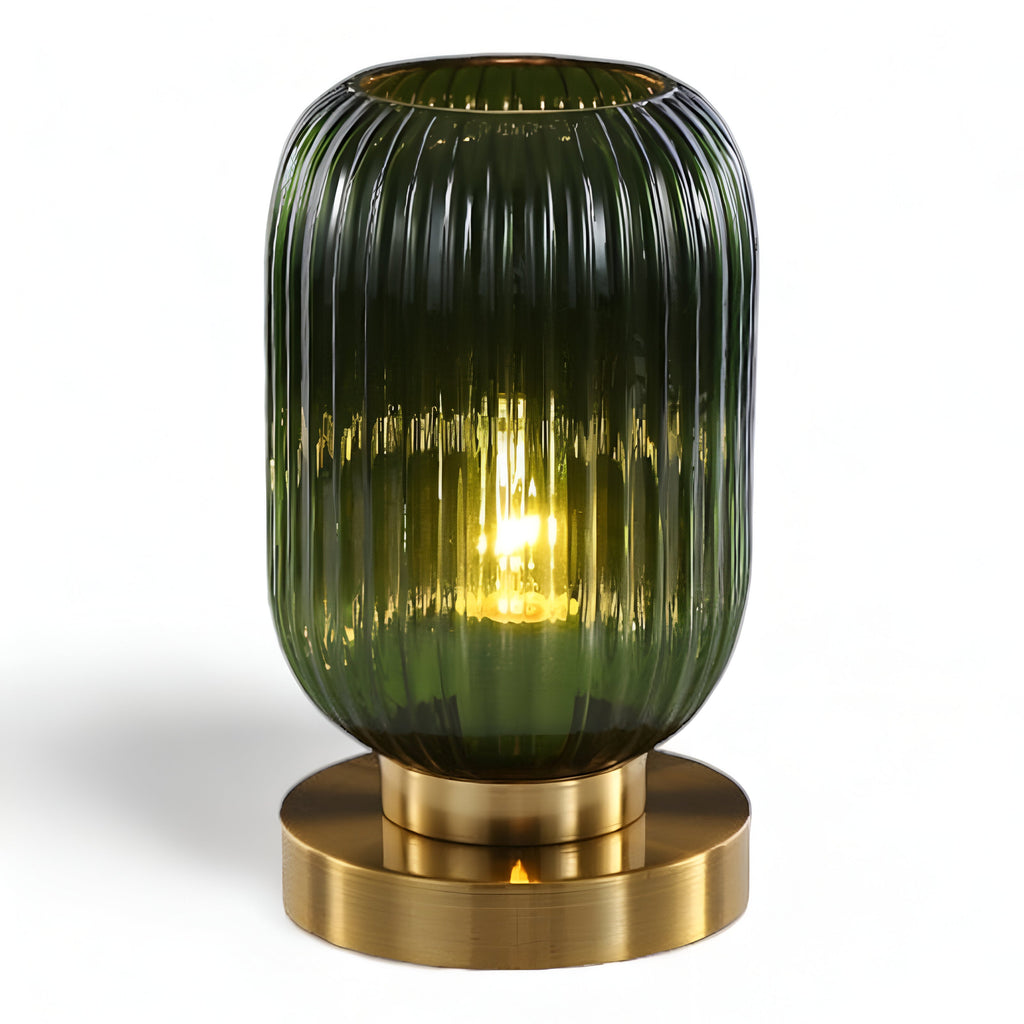 Table lamp with ribbed glass for indoor use