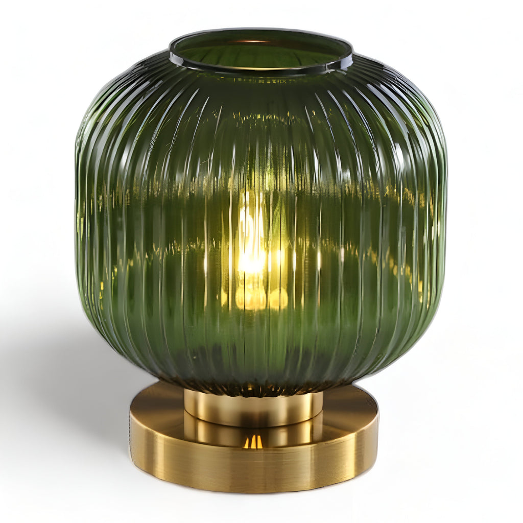 Table lamp with ribbed glass for indoor use