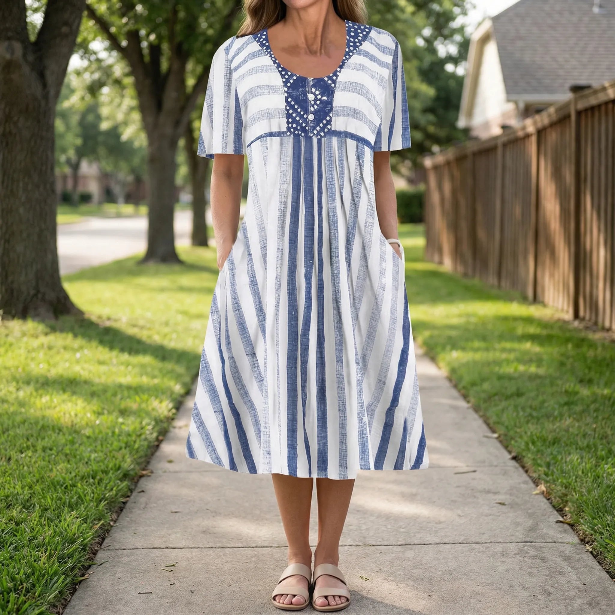 Light striped dress for everyday use – Short-sleeved dress for women